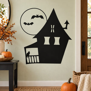 Black haunted house porch decal with bats and moon, silhouette window and door