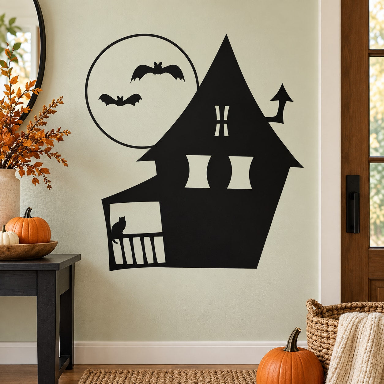 Black haunted house porch decal with bats and moon, silhouette window and door