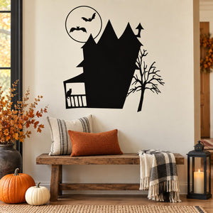 Haunted house wall decal with bats and bat moon silhouette