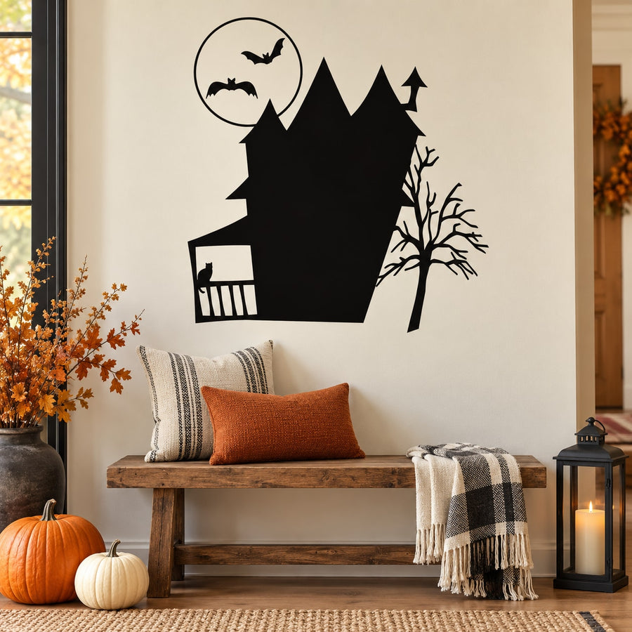 Haunted house wall decal with bats and bat moon silhouette