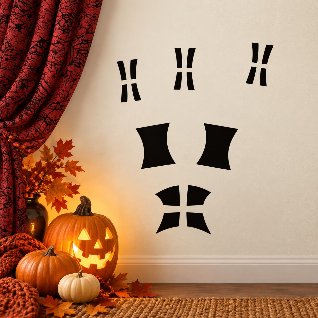 Halloween window vinyl decal with four arched pane shapes and black slits
