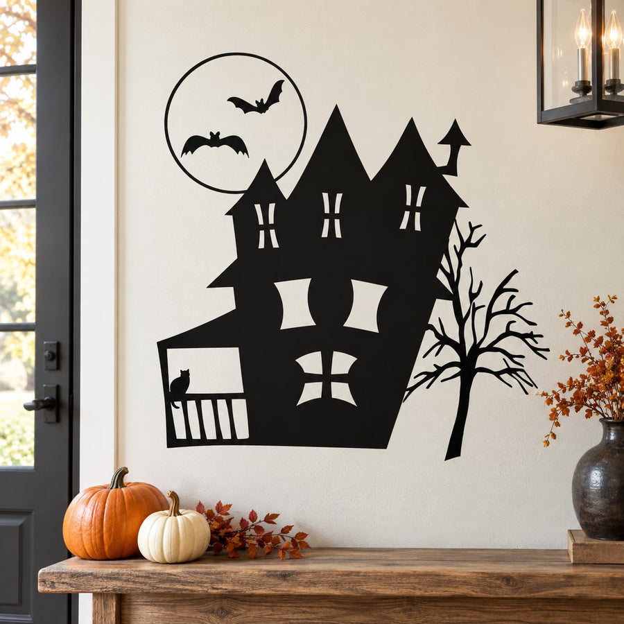 Haunted house wall decal with porch, tree, bats, and silhouettes for Halloween decor