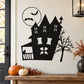 Haunted house wall decal with porch, tree, bats, and silhouettes for Halloween decor