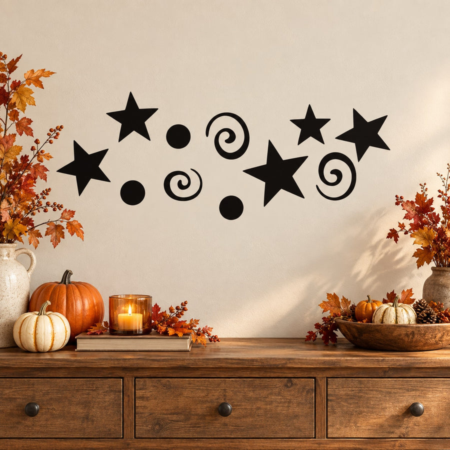 Halloween vinyl wall decal set of black stars and swirls with spiral dot accents