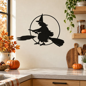 Halloween witch wall decal, black silhouette on broom within a moon circle