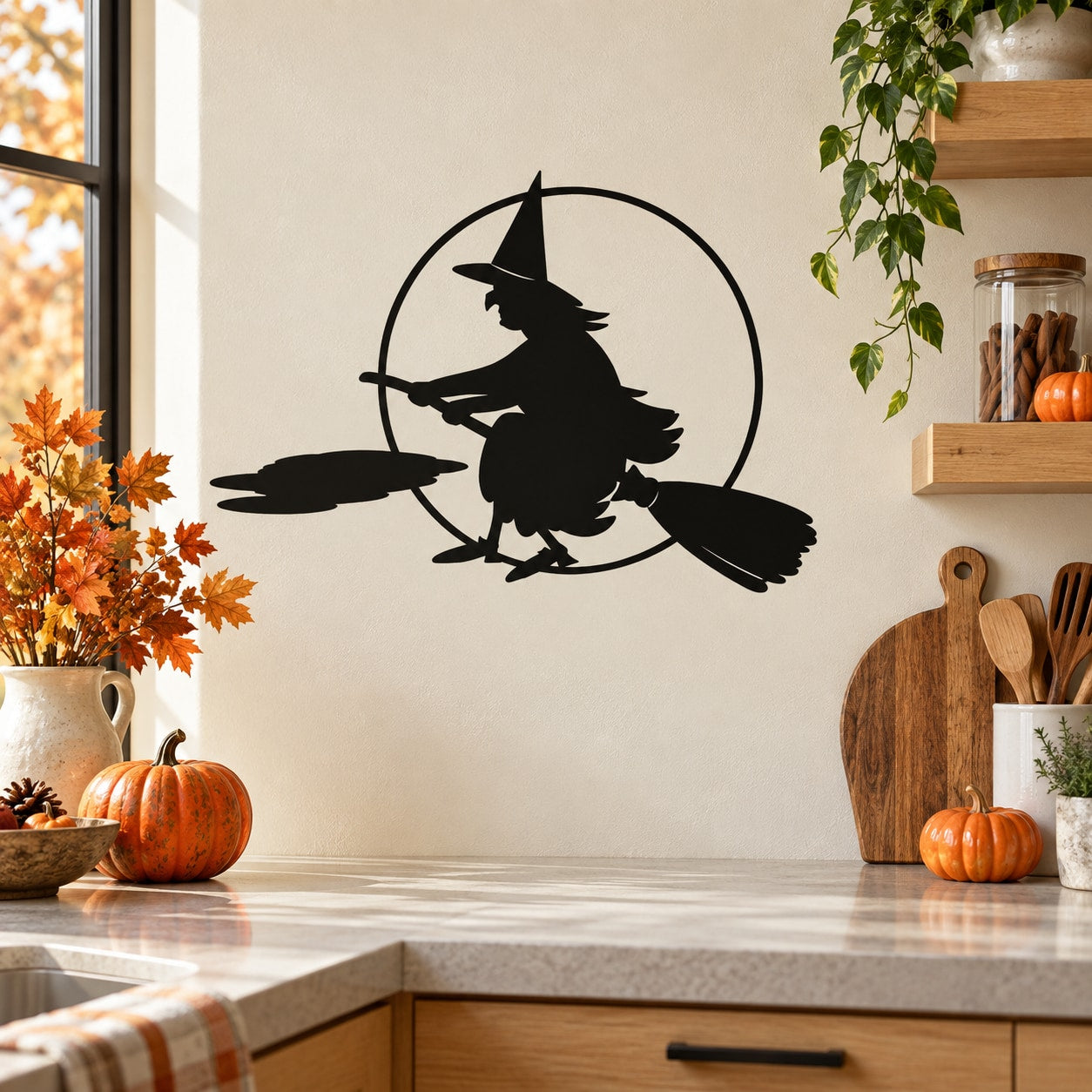 Halloween witch wall decal, black silhouette on broom within a moon circle