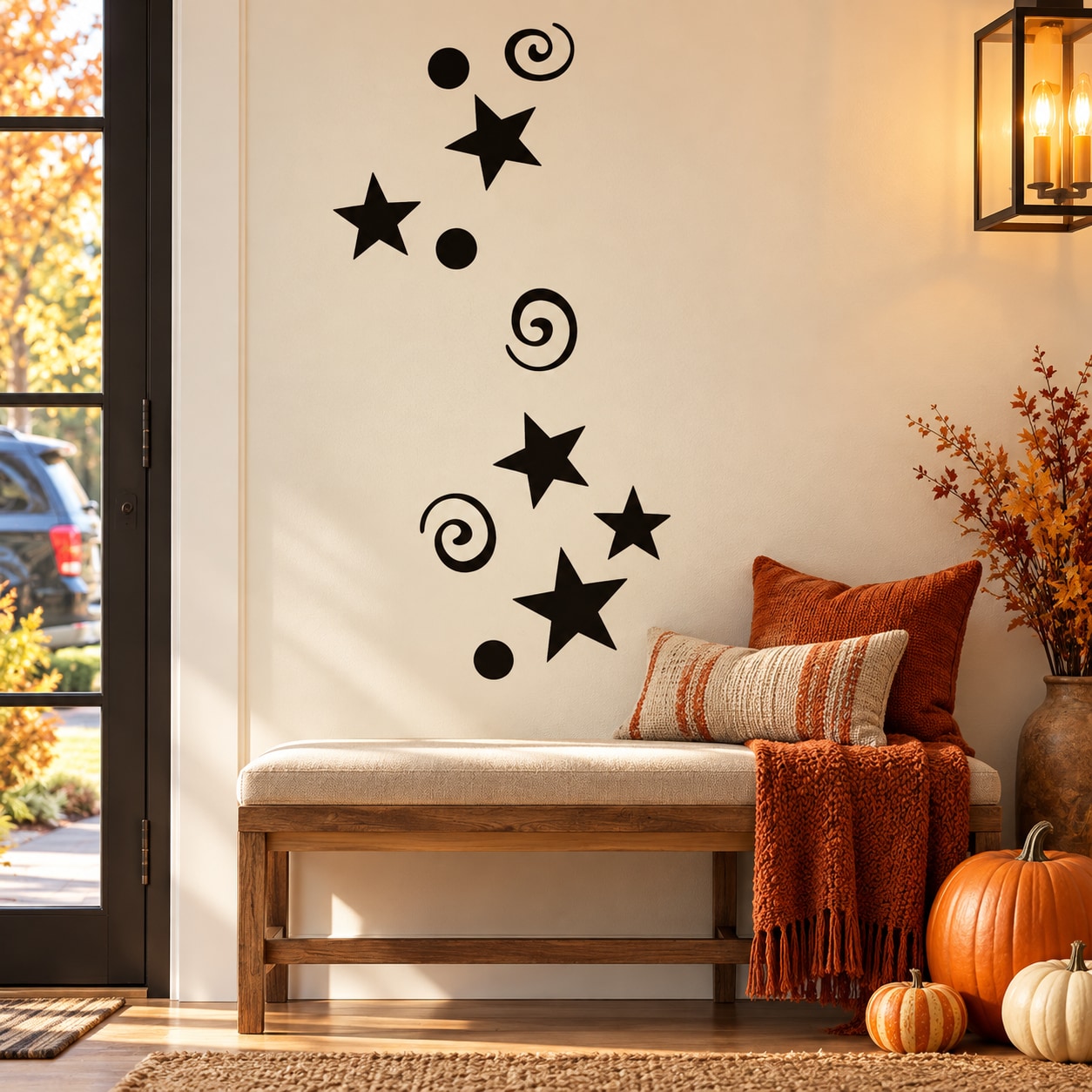 Magic Dust and Stars decal with black stars, swirls, and dots on a wall