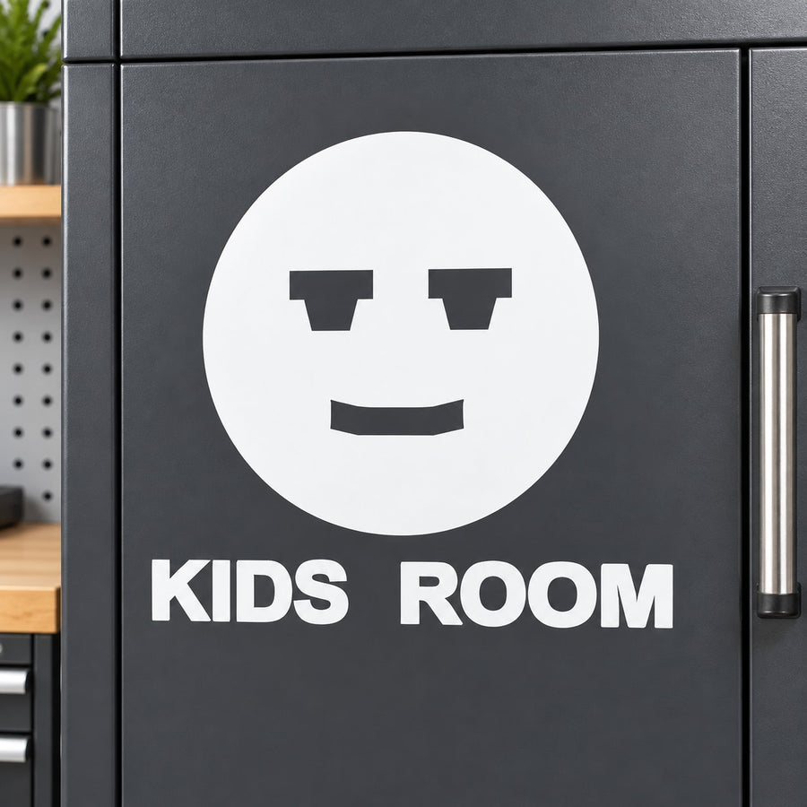 Smiling moon wall decal with circular white face, simple eyes and wide grin