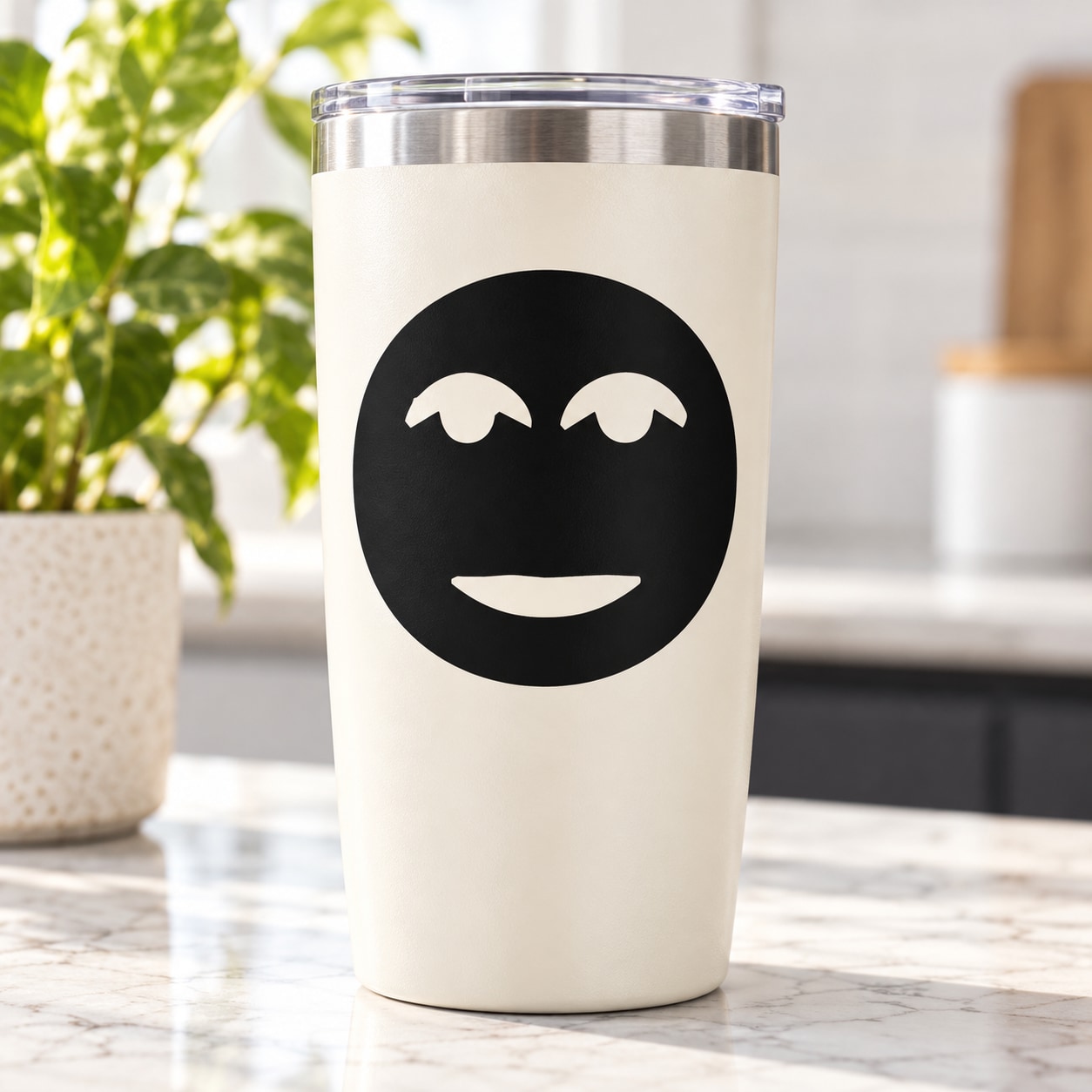 White tumbler with black happy moon-face decal and clear lid
