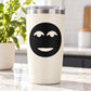 White tumbler with black happy moon-face decal and clear lid