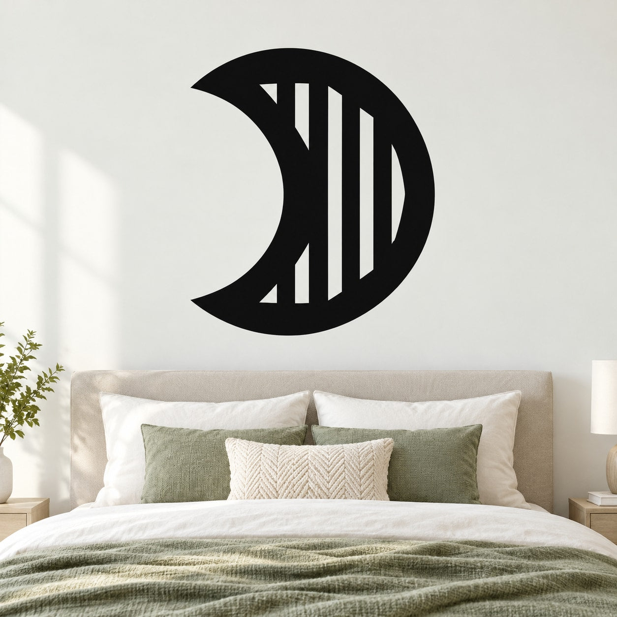 Black crescent moon wall decal with vertical stripe design