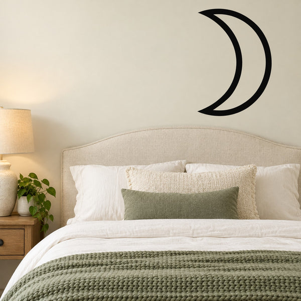 Crescent moon wall decal, black outline with two curved halves