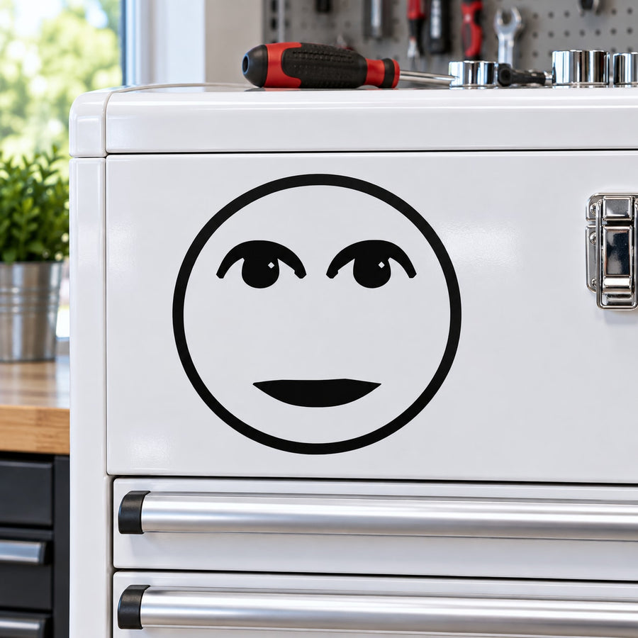 Black moon face decal with smiling eyes on a white appliance front
