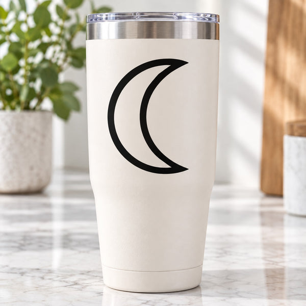 White tumbler with black crescent moon decal and silver lid