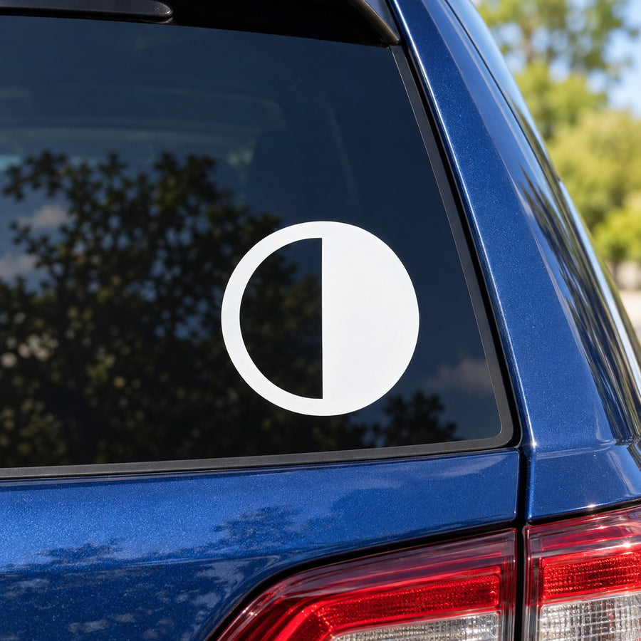 White first-quarter moon window decal sticker with circular cutout