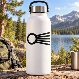White water bottle with black comet astrological symbol decal