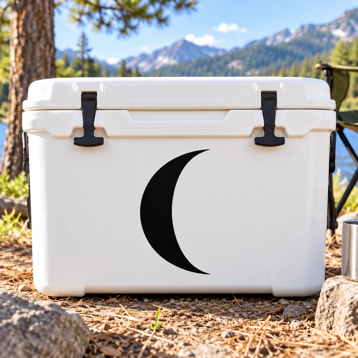 Waning crescent moon decal with a black crescent shape on a white background