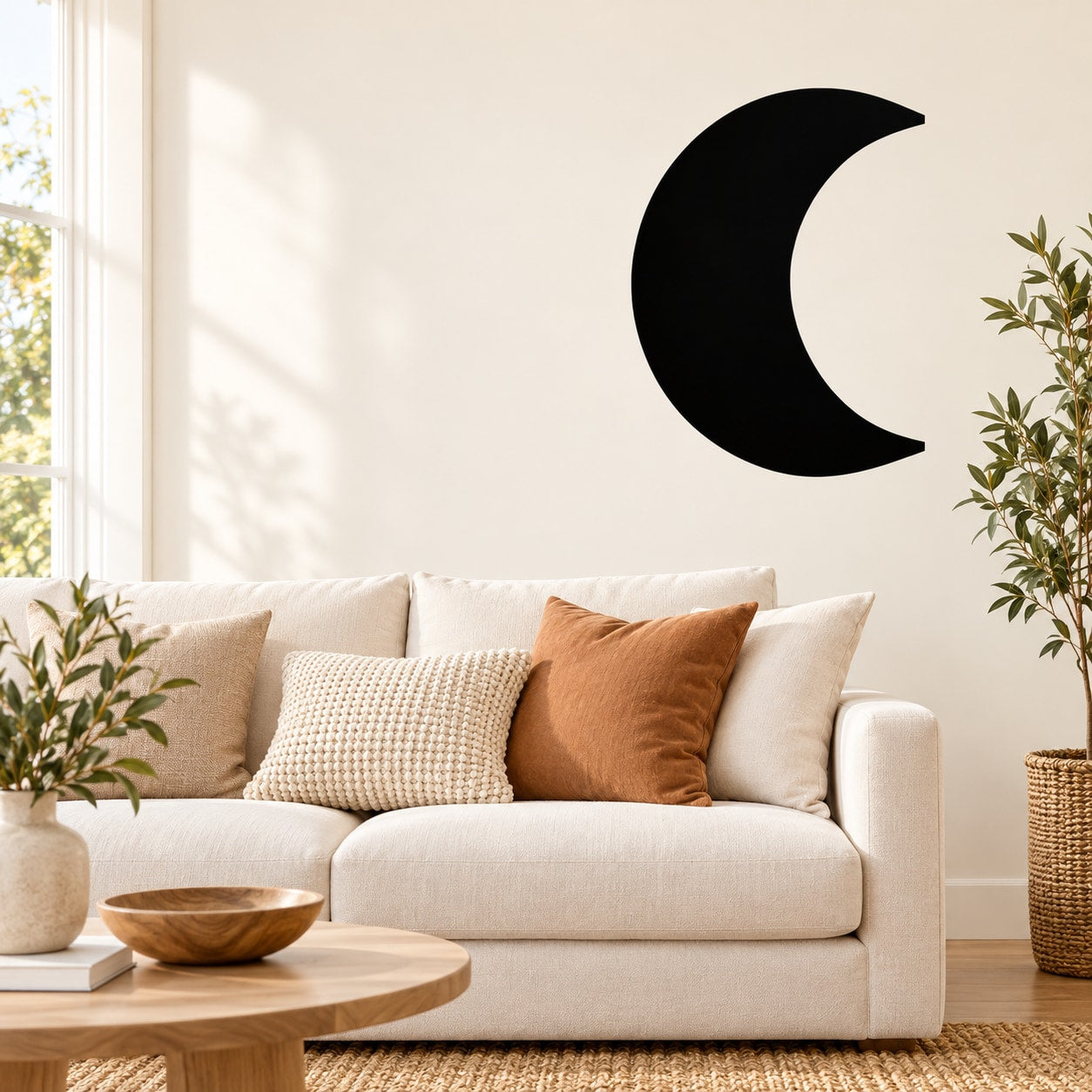 Waxing gibbous moon wall decal, black crescent on plain wall above sofa