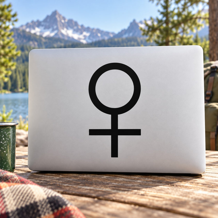 Venus astrological symbol decal, black female sign on white rectangular backing