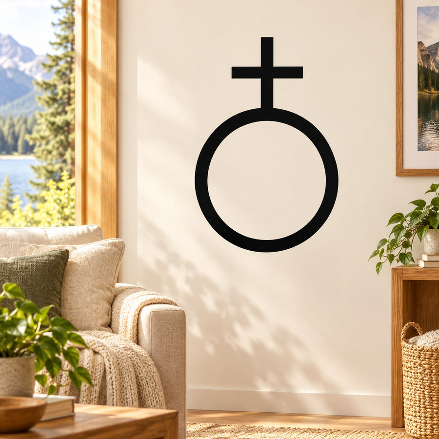 Astrological decal sticker with black circle and vertical cross symbol