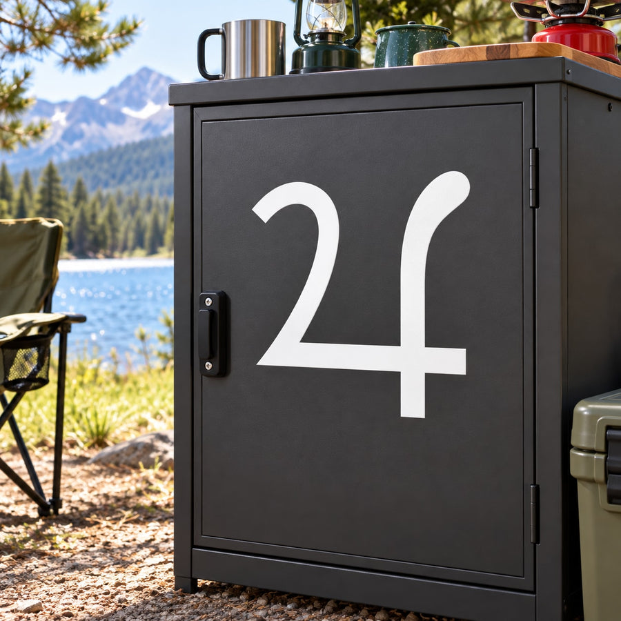 Jupiter astrological decal on black door with white '4' symbol