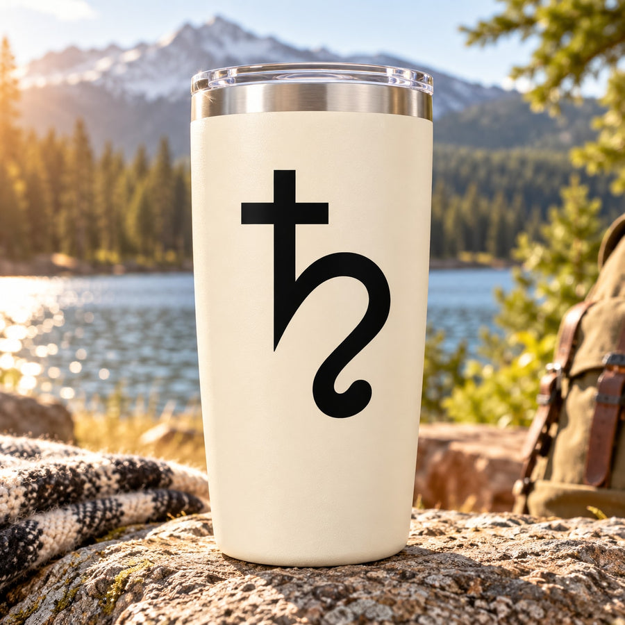 Saturn astrological decal with black planet symbol on white tumbler