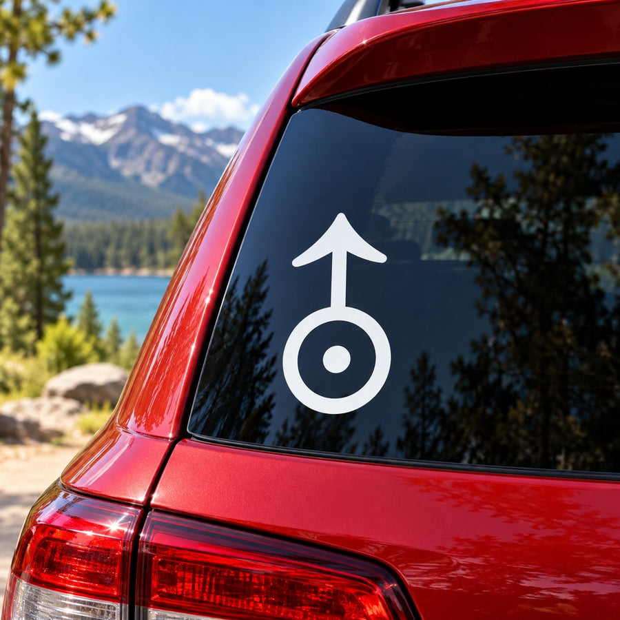 Uranus symbol decal with arrow and circle, white on dark car window