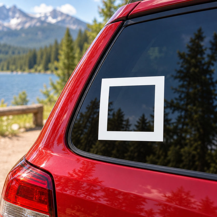 Square white decal sticker on car rear window