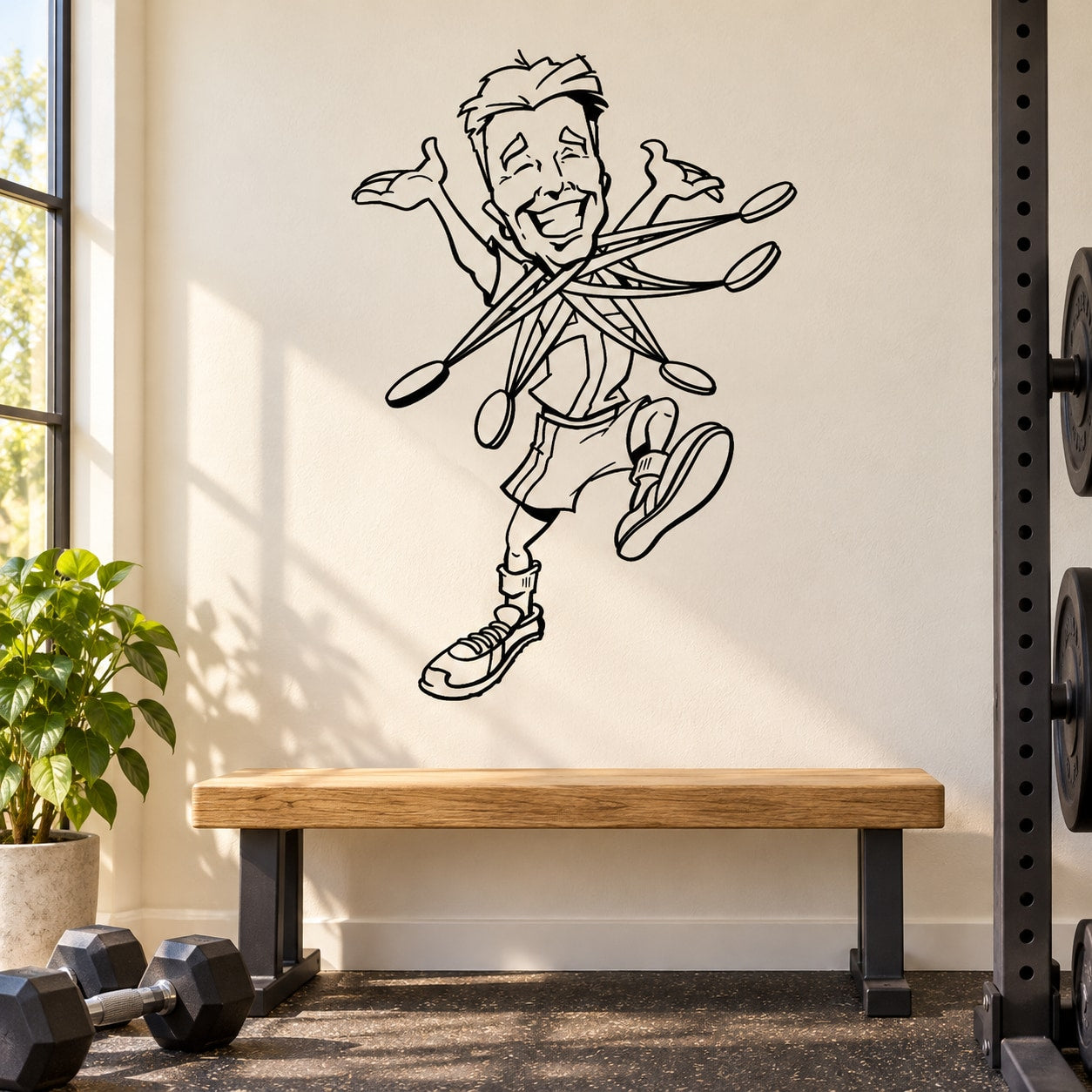 Black line-art medal decal of a cartoon runner with medals and crossed items