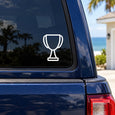 White trophy icon decal on dark vehicle window