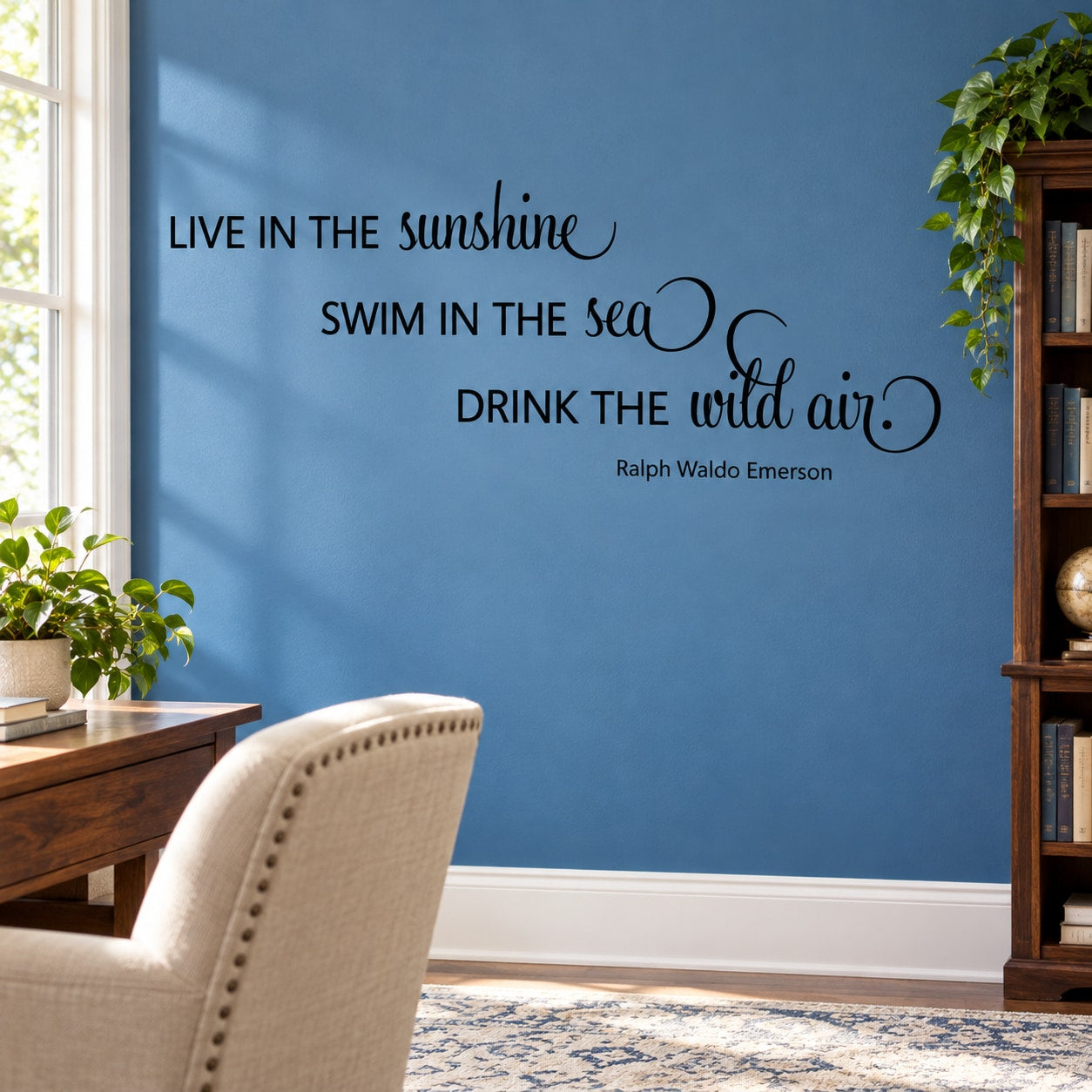 Inspirational wall decal with blue quote text “Live in the sunshine…” Emerson