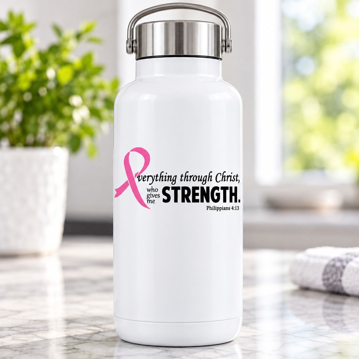 Pink ribbon and Philippians 4:13 quote printed vinyl die-cut decal
