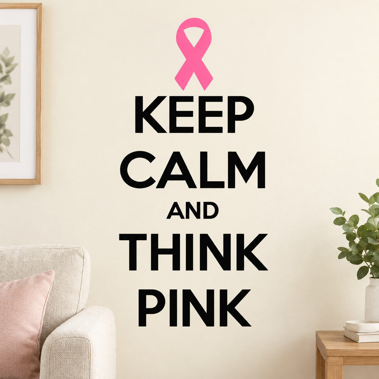 Die-cut decal: pink ribbon with KEEP CALM AND THINK PINK text