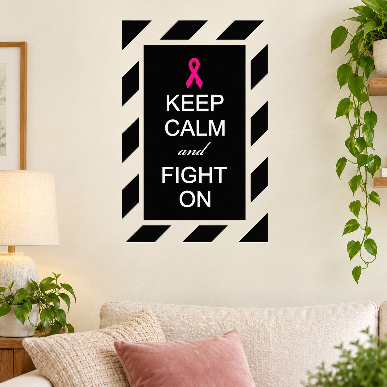 Printed die-cut wall decal with black frame, pink ribbon, and “Keep Calm and Fight On” text