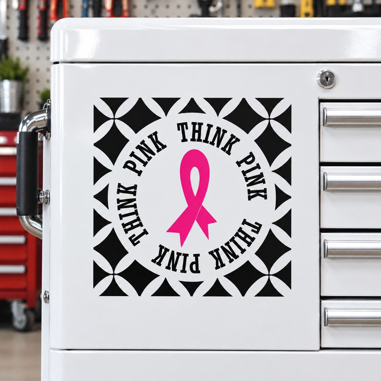 Pink awareness ribbon die-cut decal with black “THINK PINK” border pattern