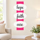 Breast cancer awareness decal with pink vertical stripes and 'hope faith cure' ovals