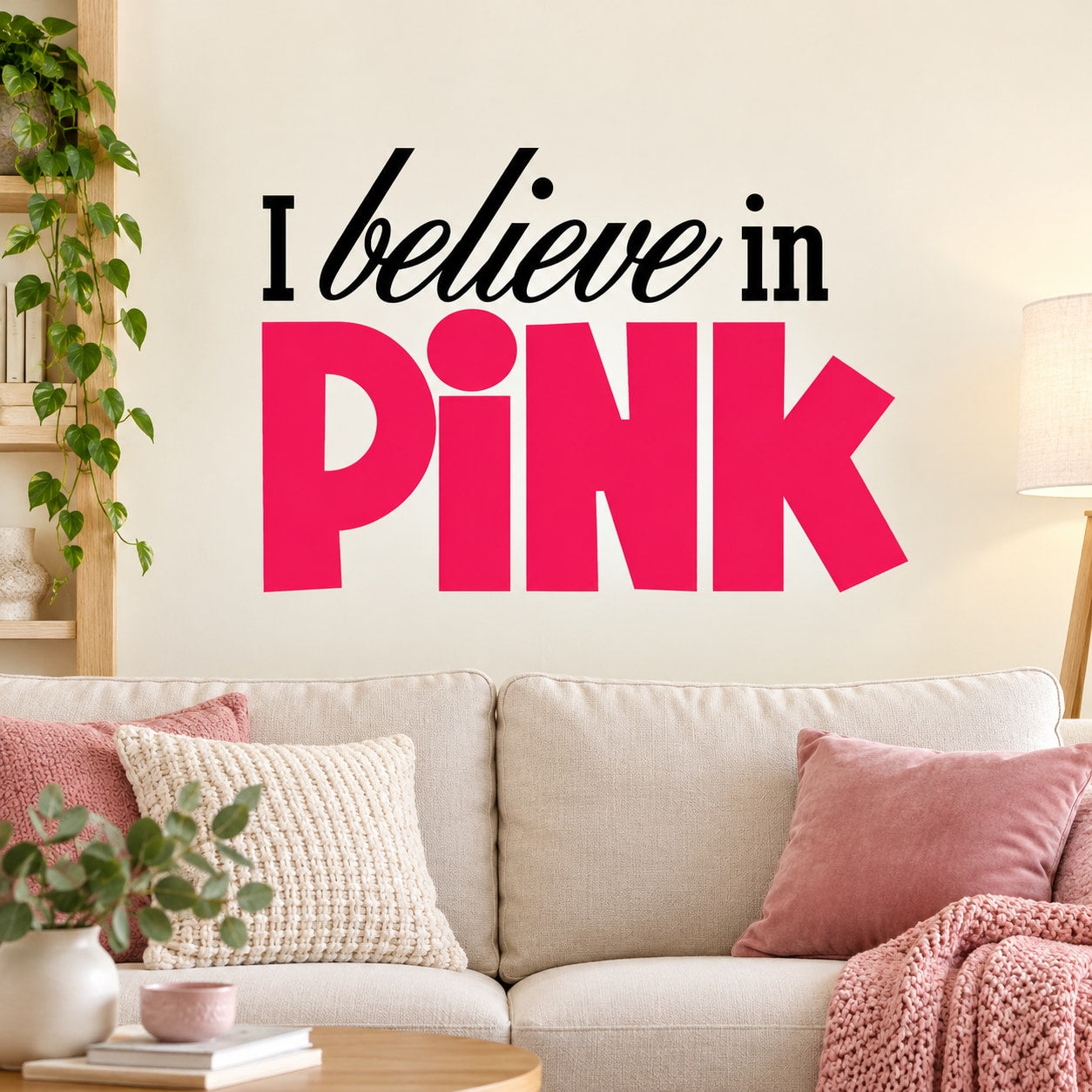 Breast cancer awareness wall decal with 'I believe in Pink' pink die-cut lettering