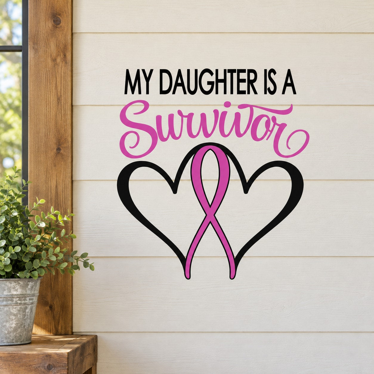 Survivor heart ribbon die-cut decal with pink script and black heart ribbon graphic