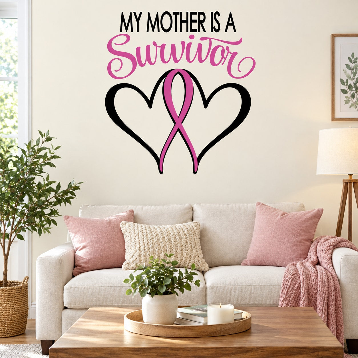 Survivor wall decal featuring pink ribbon hearts and bold black heart outline