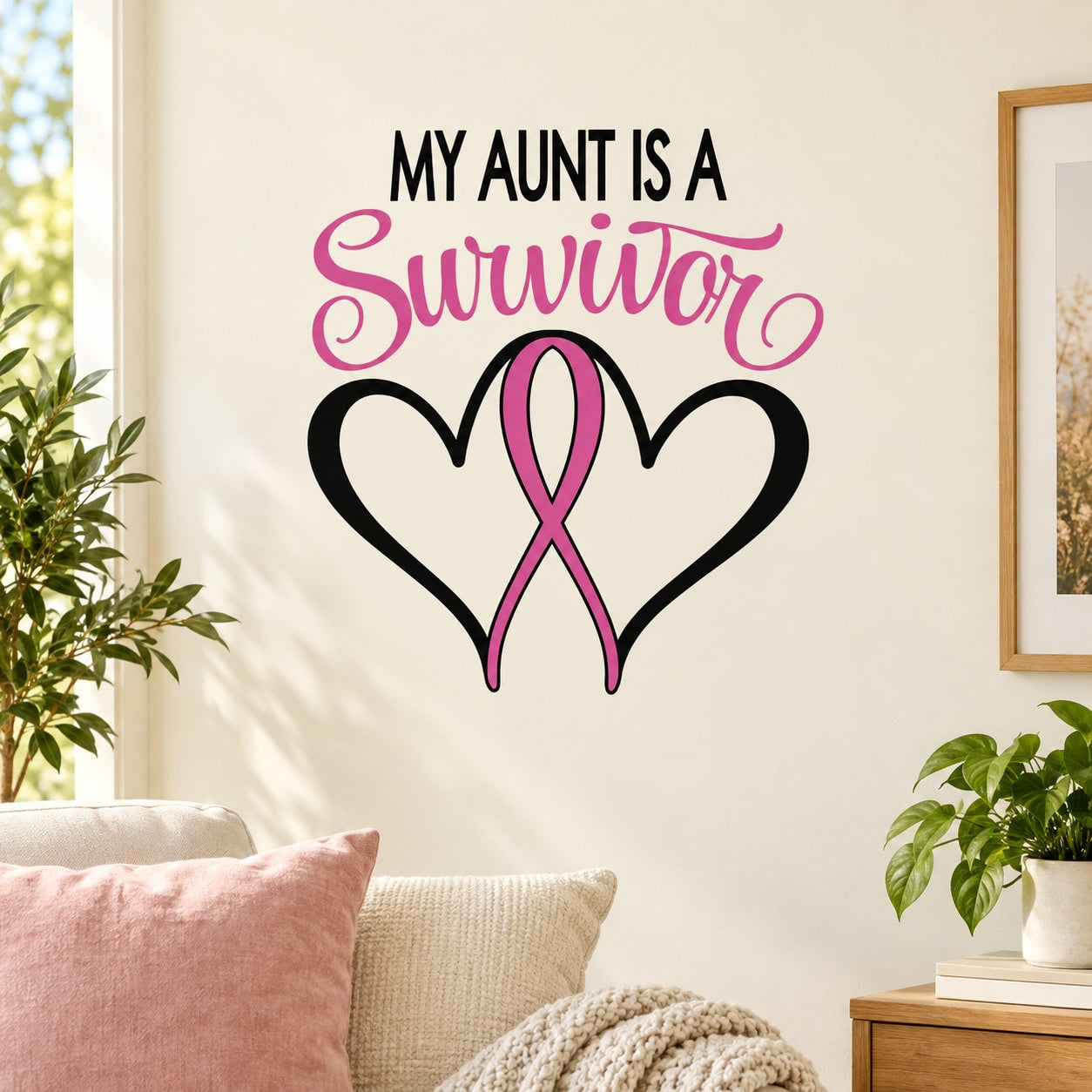 Survivor heart ribbon printed die-cut wall decal with pink and black heart design