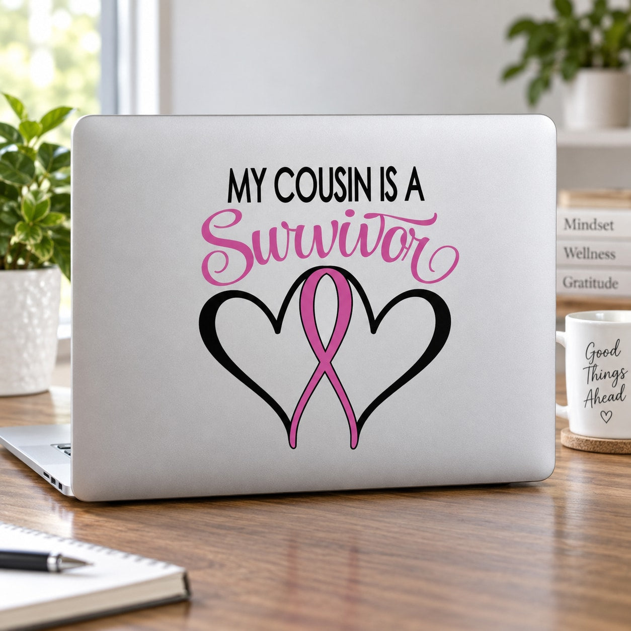 Heart ribbon printed die-cut decal with pink and black ribbon on a white background