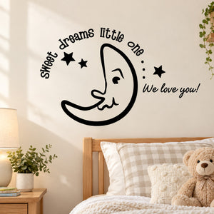 Moon wall decal with cat face, stars, and sweet dreams quote
