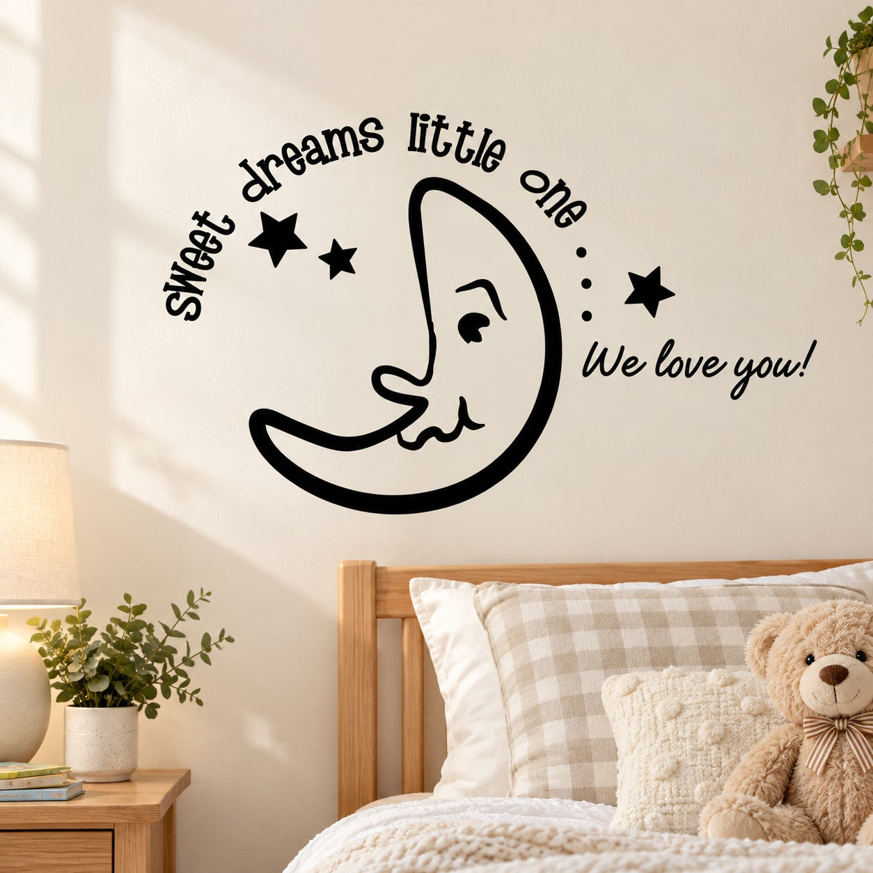 Moon wall decal with cat face, stars, and sweet dreams quote