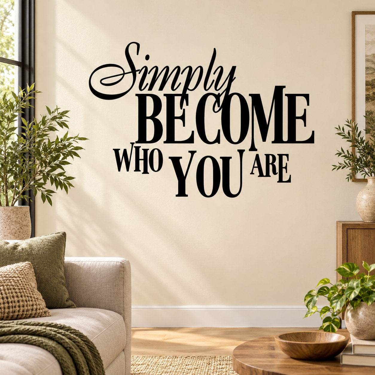Wall decal with black Simply become who you are lettering in script and bold
