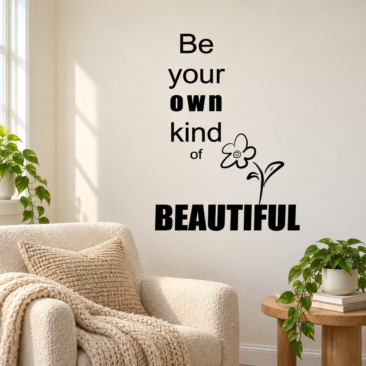 Wall decal quote 'Be your own kind of BEAUTIFUL' with flower doodle