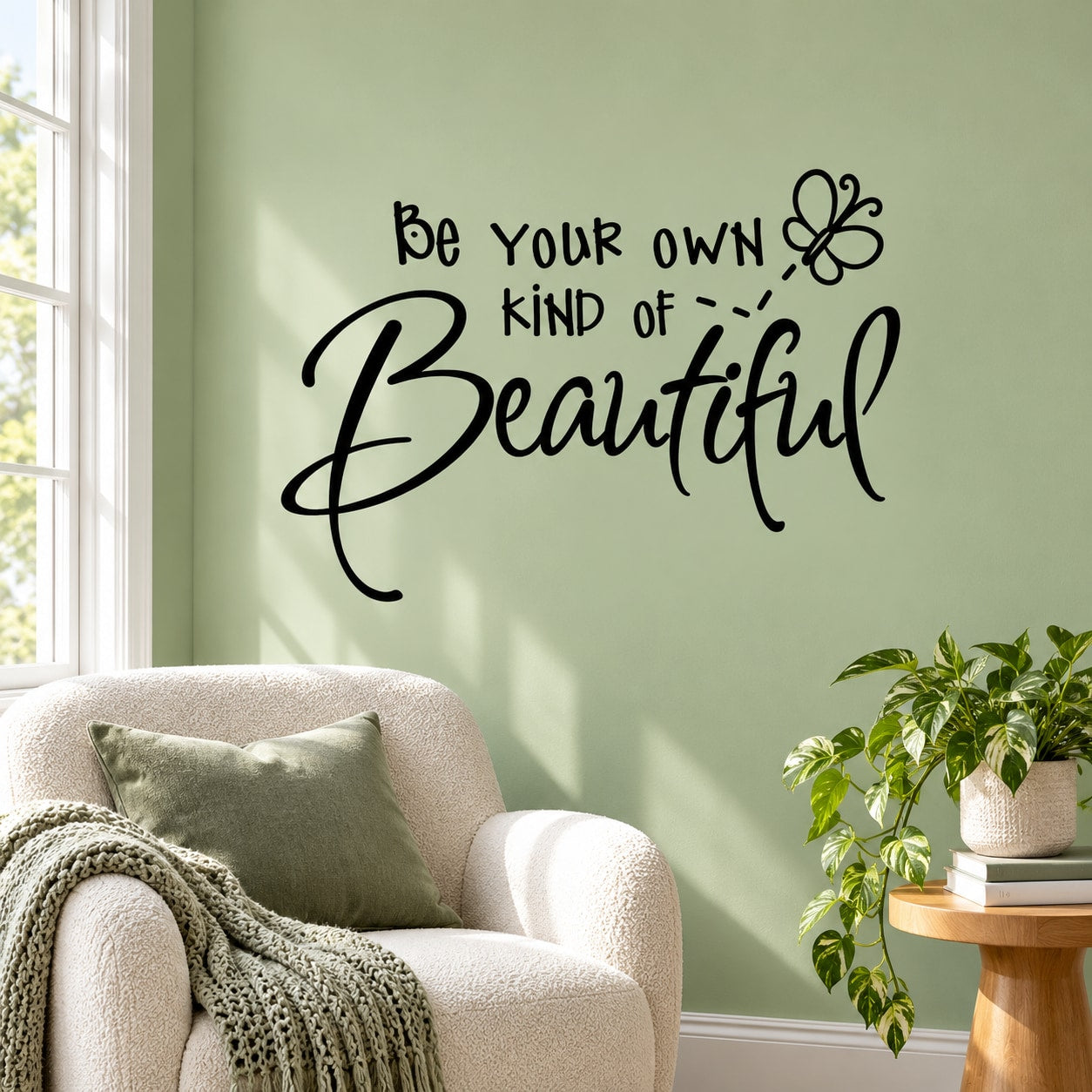 Butterfly wall decal with “Be your own kind of Beautiful” lettering and small butterfly outline