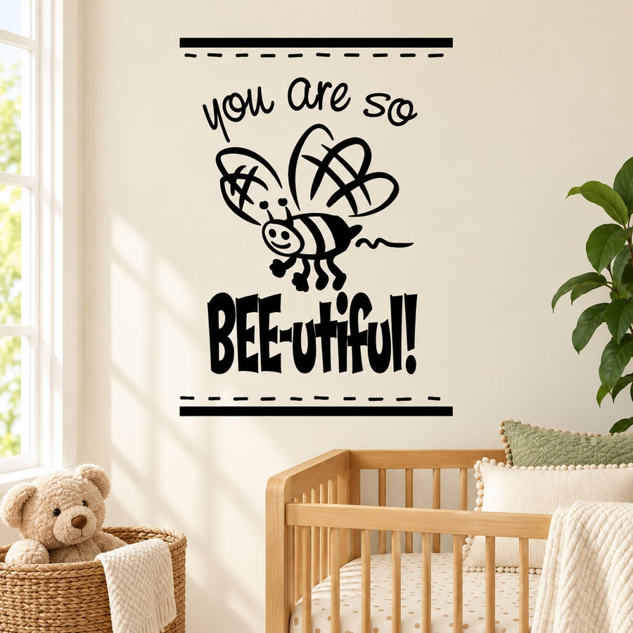 Bee wall decal with outlined bee and "BEElutiful!" text