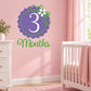 Purple 3 months wall decal with decorative flower and scalloped border