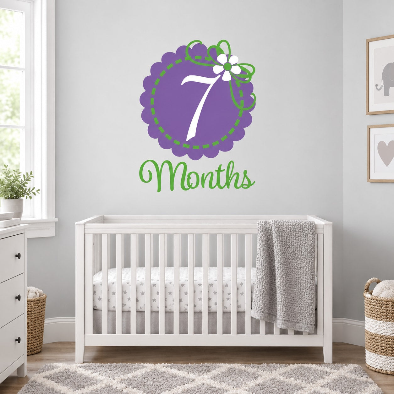 7-month wall decal with purple '7 Months' text and green floral accents