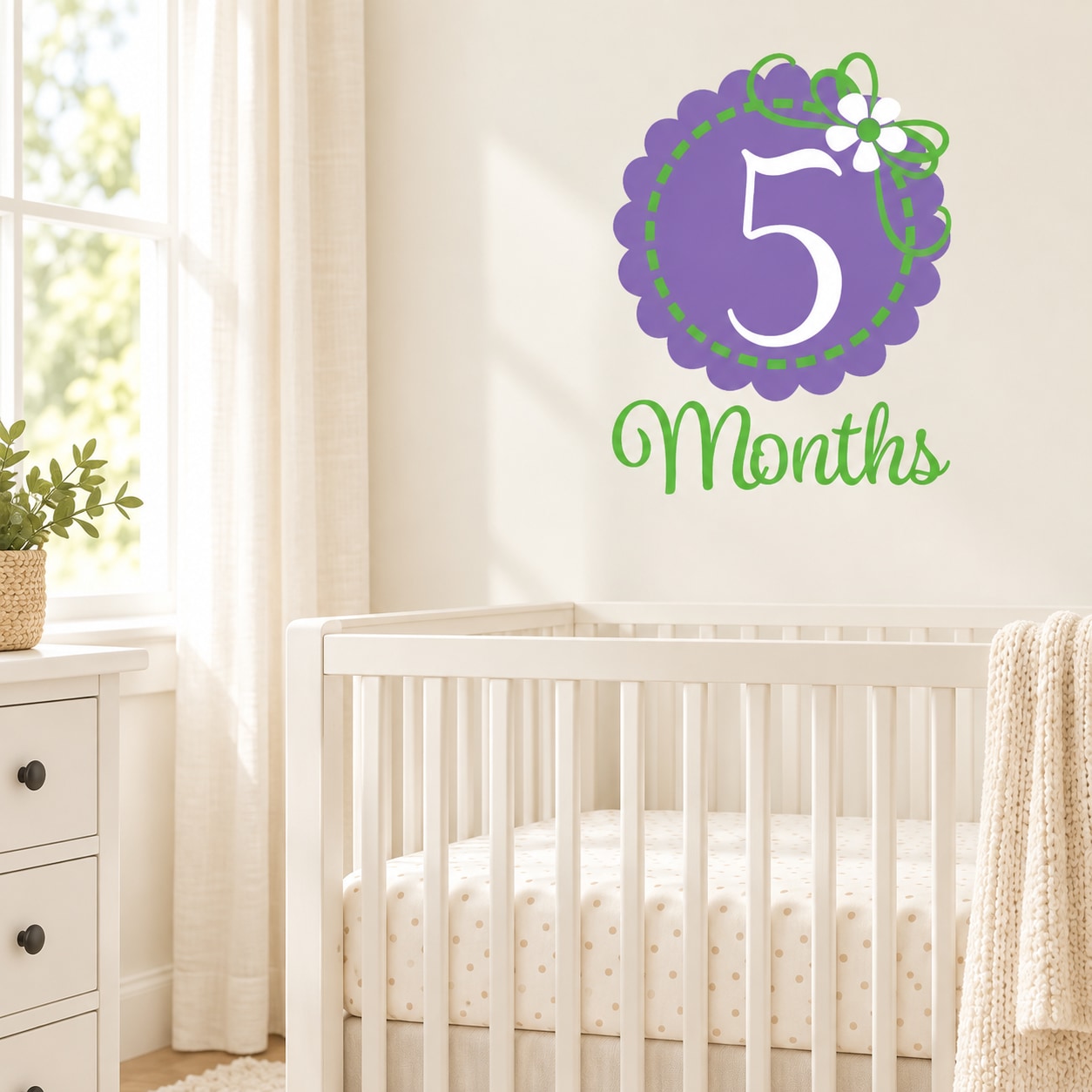 5-month wall decal with purple scalloped "5" and green "Months" text